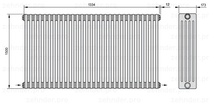 Схема (чертеж) Радиатор Zehnder Charleston 5150/29 №2670 Белый глянцевый RAL 9016